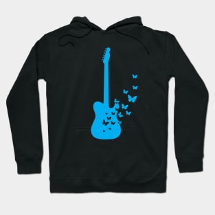 T-Style Electric Guitar Silhouette Turning Into Butterflies Blue Hoodie